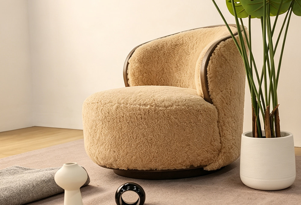 Wood-Frame Curved Swivel Chair